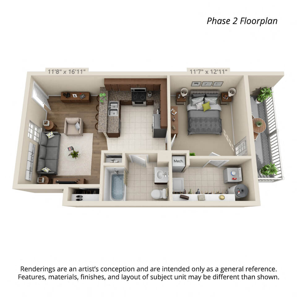 Floor plan for 1 bed, 1 bath, 680 sqft